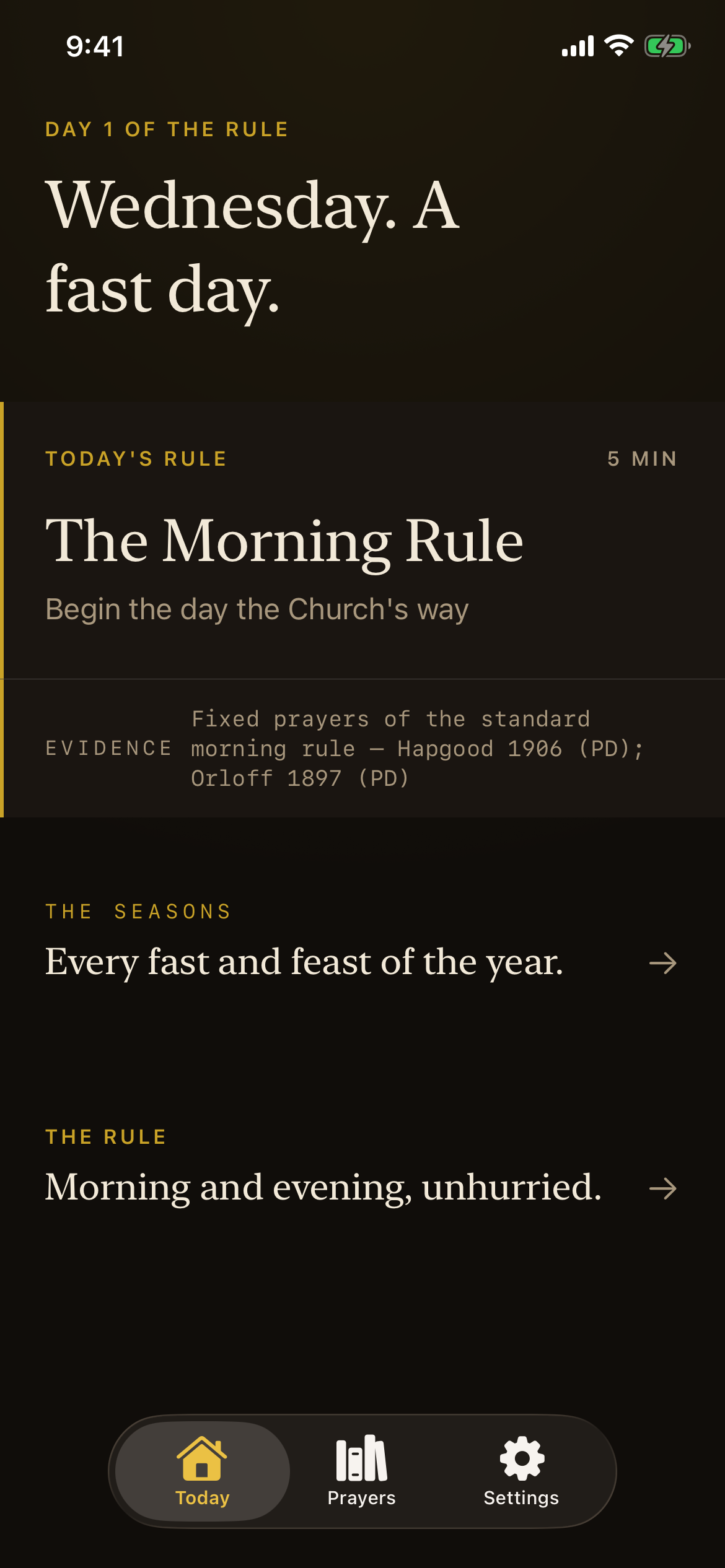 Vigil Today screen — Wednesday, a fast day, with the morning rule ready