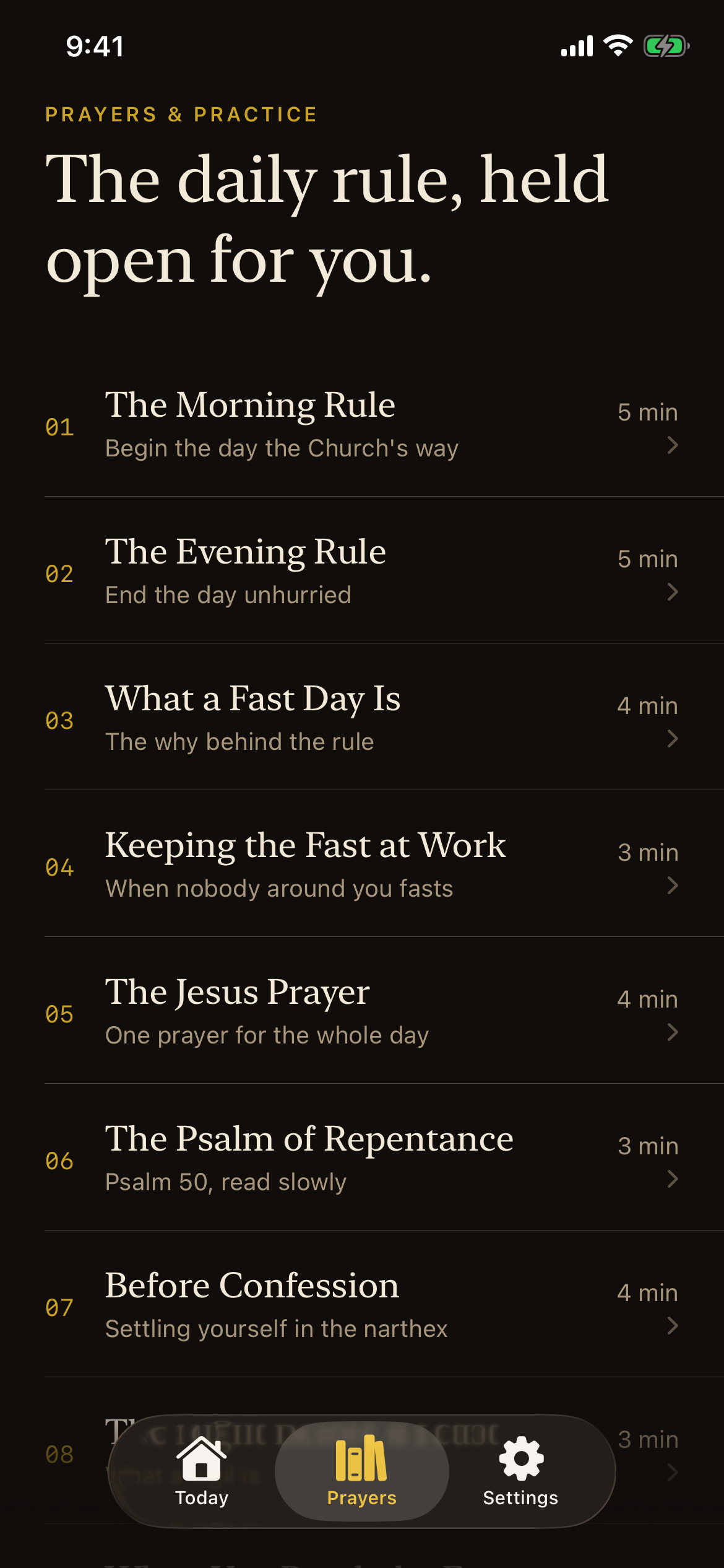 Vigil Prayers library — the morning and evening rules, the Jesus Prayer, and the fasting explainers